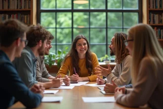 Groupe d'étudiants universitaires en discussion dans une bibliothèque