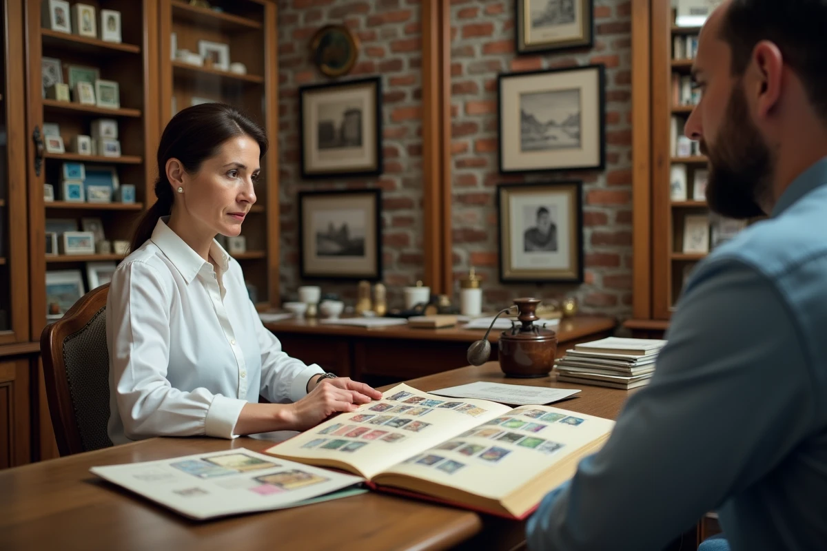Femme faisant évaluer sa collection de timbres par un expert philatéliste dans une boutique de philatélie