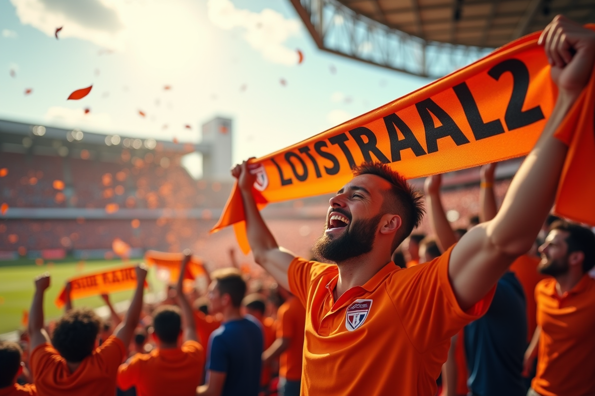 Supporters en orange célèbrent dans le stade avec drapeaux