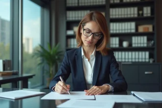 Femme d'affaires en costume vérifiant un contrat dans un bureau moderne