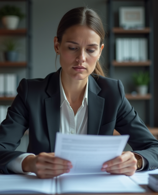 Femme d affaires en costume examinant des documents dans un bureau