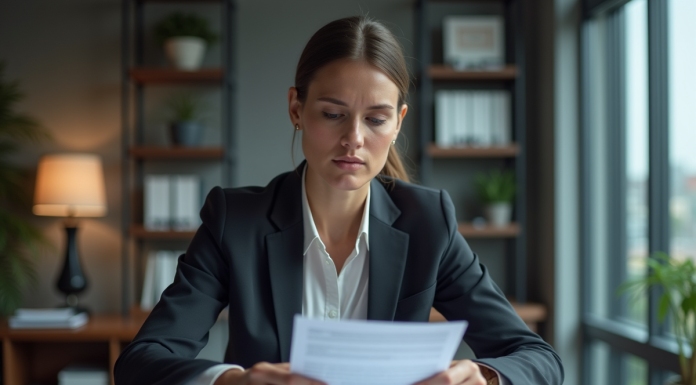 Femme d affaires en costume examinant des documents dans un bureau