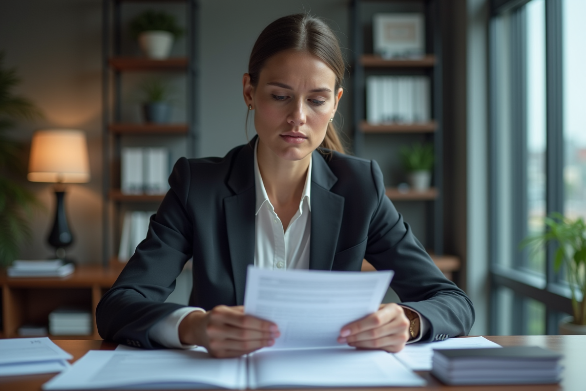 Femme d affaires en costume examinant des documents dans un bureau