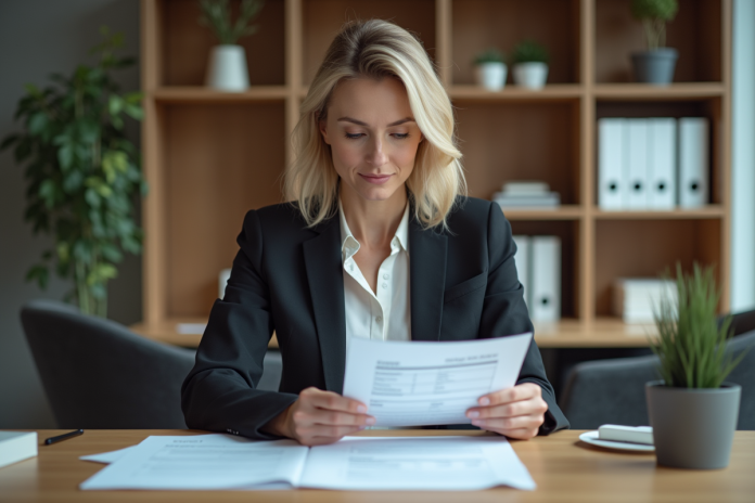 femme-affaires-revue-formulaire Femme d affaires en réunion dans un bureau moderne