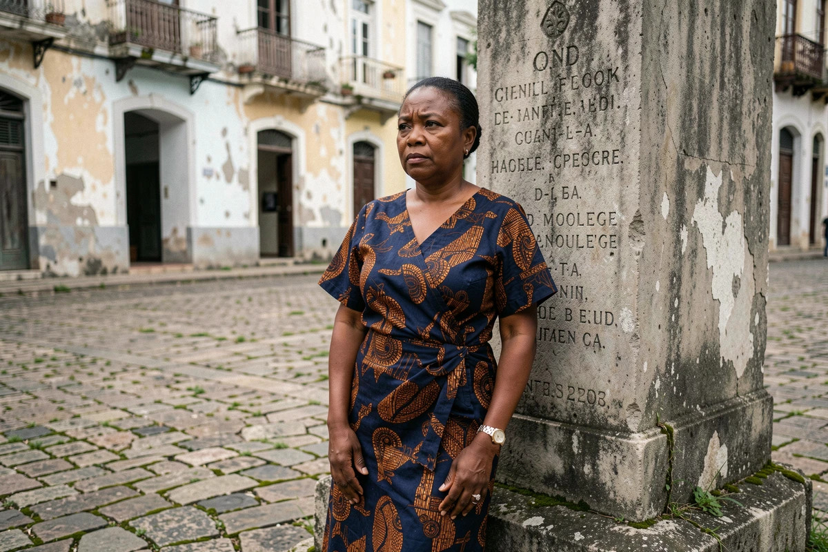 Femme africaine en tenue traditionnelle devant un monument colonial gravé, symbolisant la confrontation entre mémoire coloniale et identité culturelle