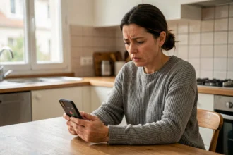Femme regardant un appel entrant suspect sur son smartphone dans une cuisine moderne