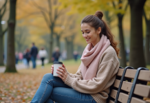 Jeune femme souriante assise dans un parc en automne