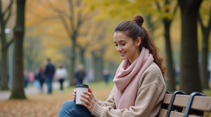 Jeune femme souriante assise dans un parc en automne