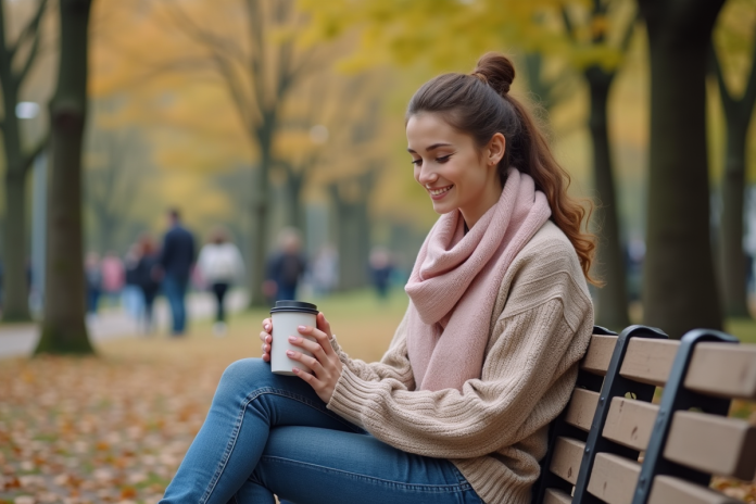 femme-automne-parc Jeune femme souriante assise dans un parc en automne