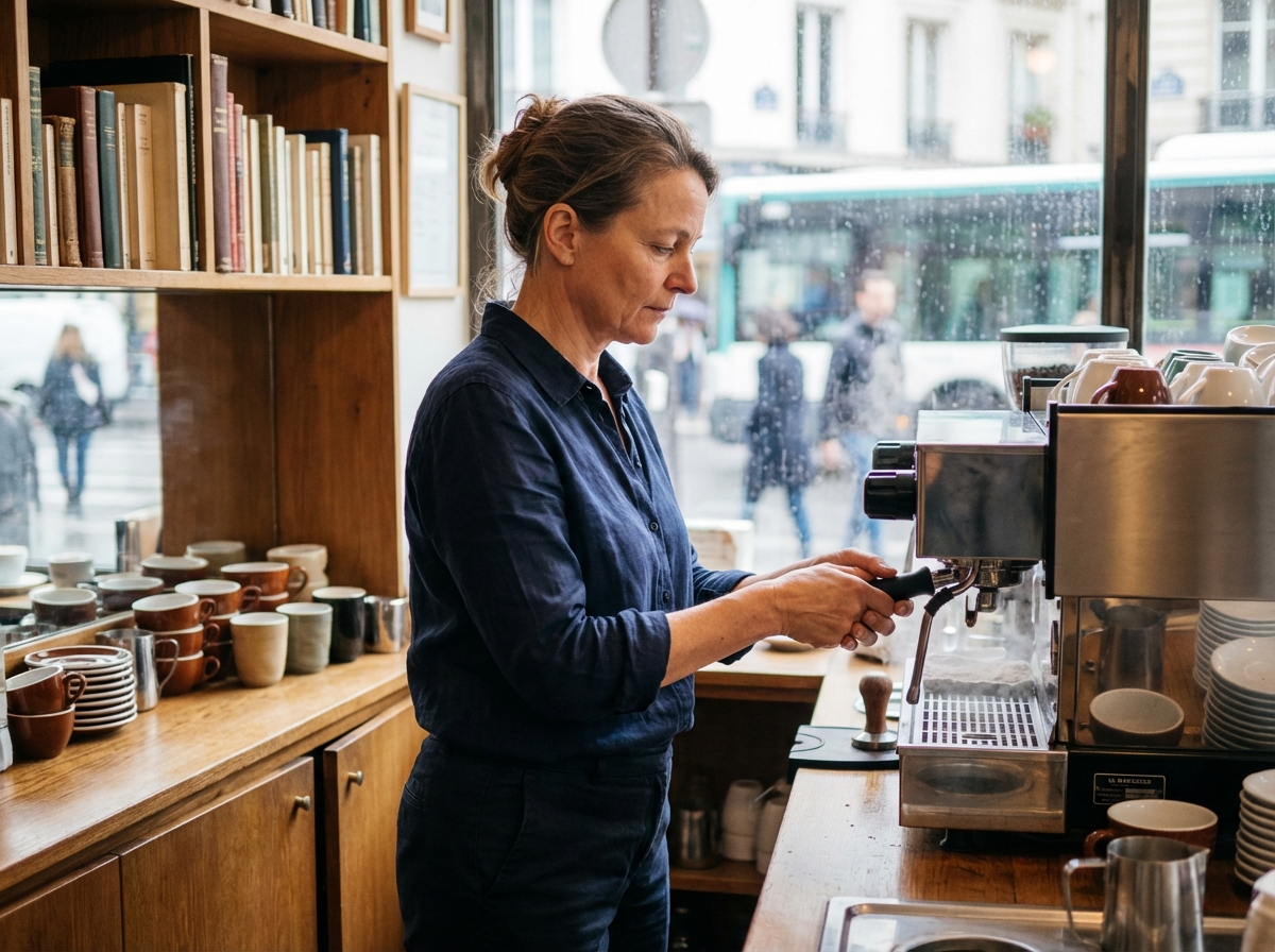 Femme barista concentrée dans un café parisien chaleureux