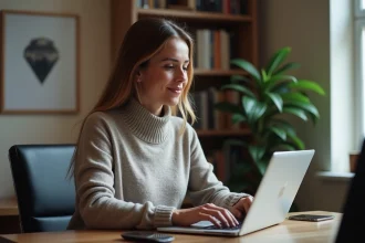 Femme concentrée sur son ordinateur dans un bureau cosy