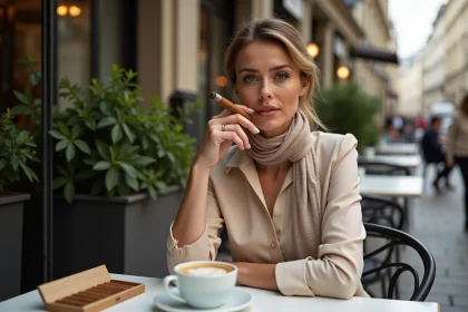 Femme élégante sirotant un café à Paris avec cigare