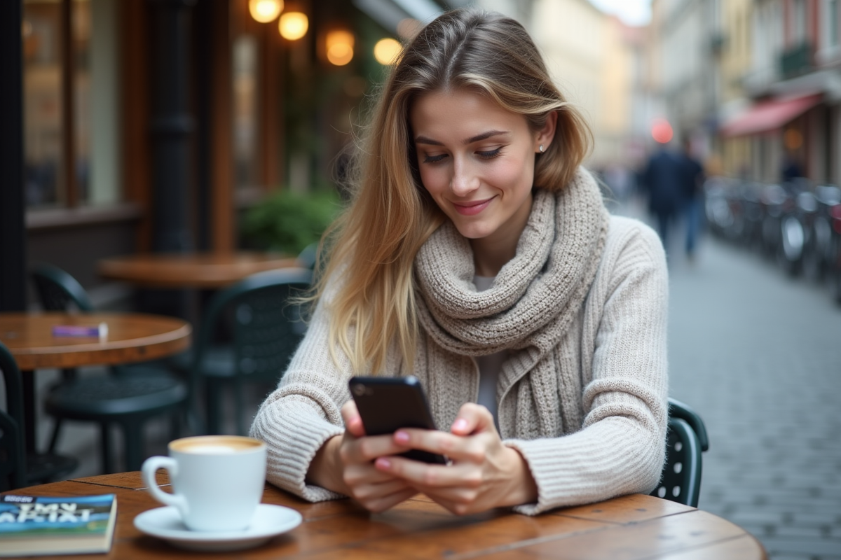 Femme au café utilisant son smartphone pour VPN en ville