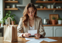 Jeune femme en blazer et jeans dans une cuisine moderne