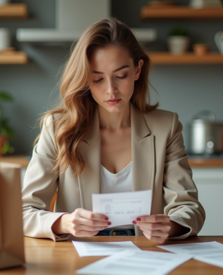 Jeune femme en blazer et jeans dans une cuisine moderne