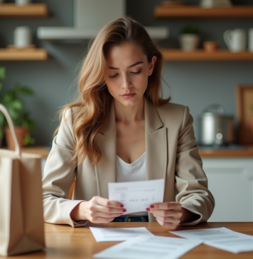 Jeune femme en blazer et jeans dans une cuisine moderne