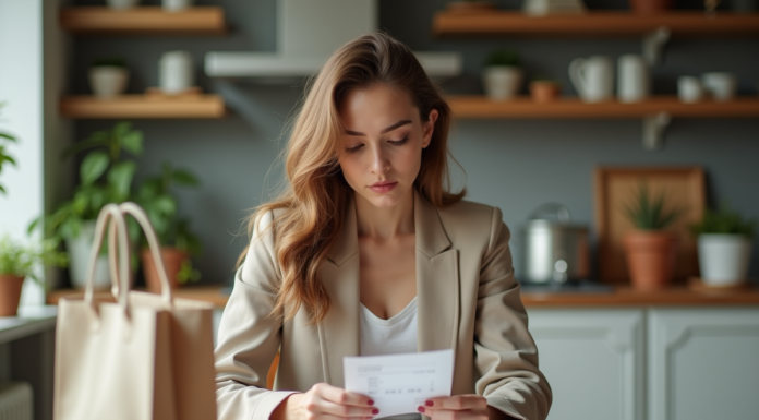 Jeune femme en blazer et jeans dans une cuisine moderne