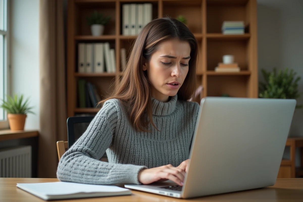 Femme consultant le centre d'aide du Bon Coin sur un ordinateur portable pour retrouver des annonces supprimées