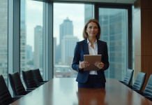 Femme confiante en réunion d'affaires avec tablette