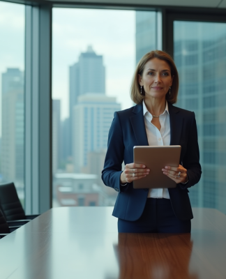 Femme confiante en réunion d'affaires avec tablette