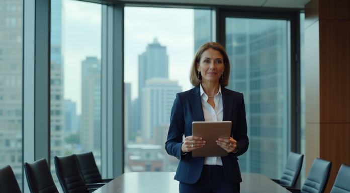 Femme confiante en réunion d'affaires avec tablette