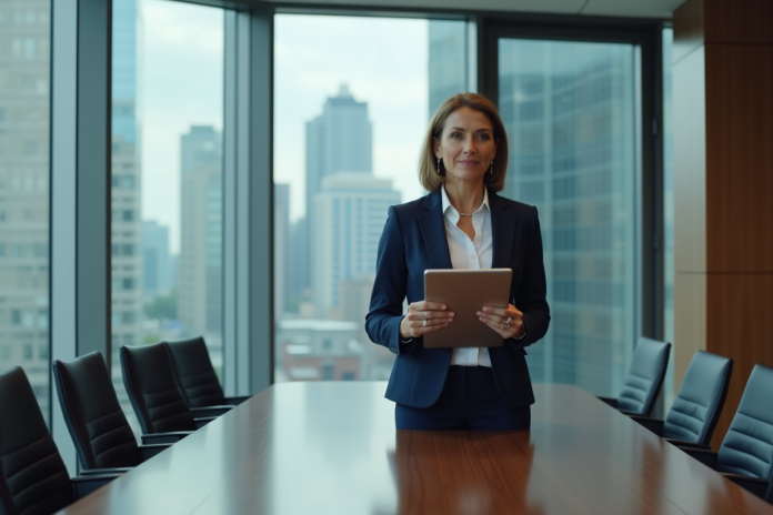 Femme confiante en réunion d'affaires avec tablette