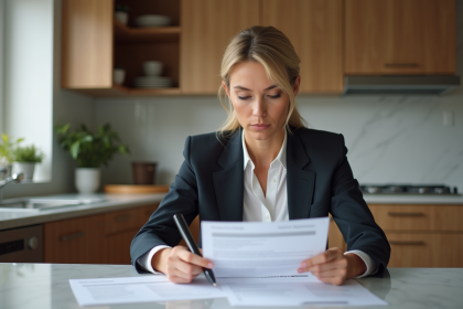 Femme d'affaires examine un contrat de prêt immobilier à la maison