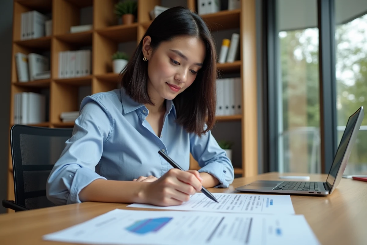 Jeune femme pointant un tableau de conversion litres m3