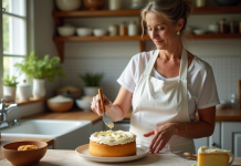 Femme en tablier blanc étalant mascarpone sur gâteau doré
