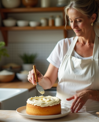 Femme en tablier blanc étalant mascarpone sur gâteau doré