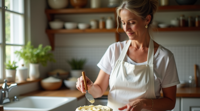 Femme en tablier blanc étalant mascarpone sur gâteau doré