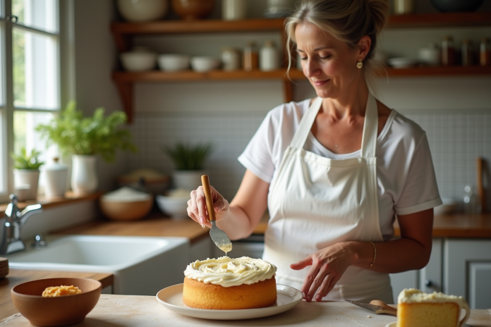 femme-cuisine-gateau-mascarpone Femme en tablier blanc étalant mascarpone sur gâteau doré