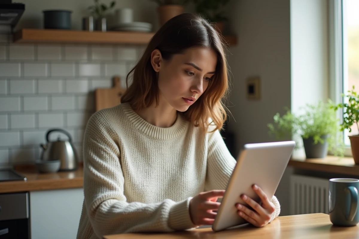 Jeune femme en cuisine avec tablette et expression attentive