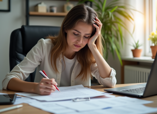 Jeune femme frustrée au bureau avec lettre de demission
