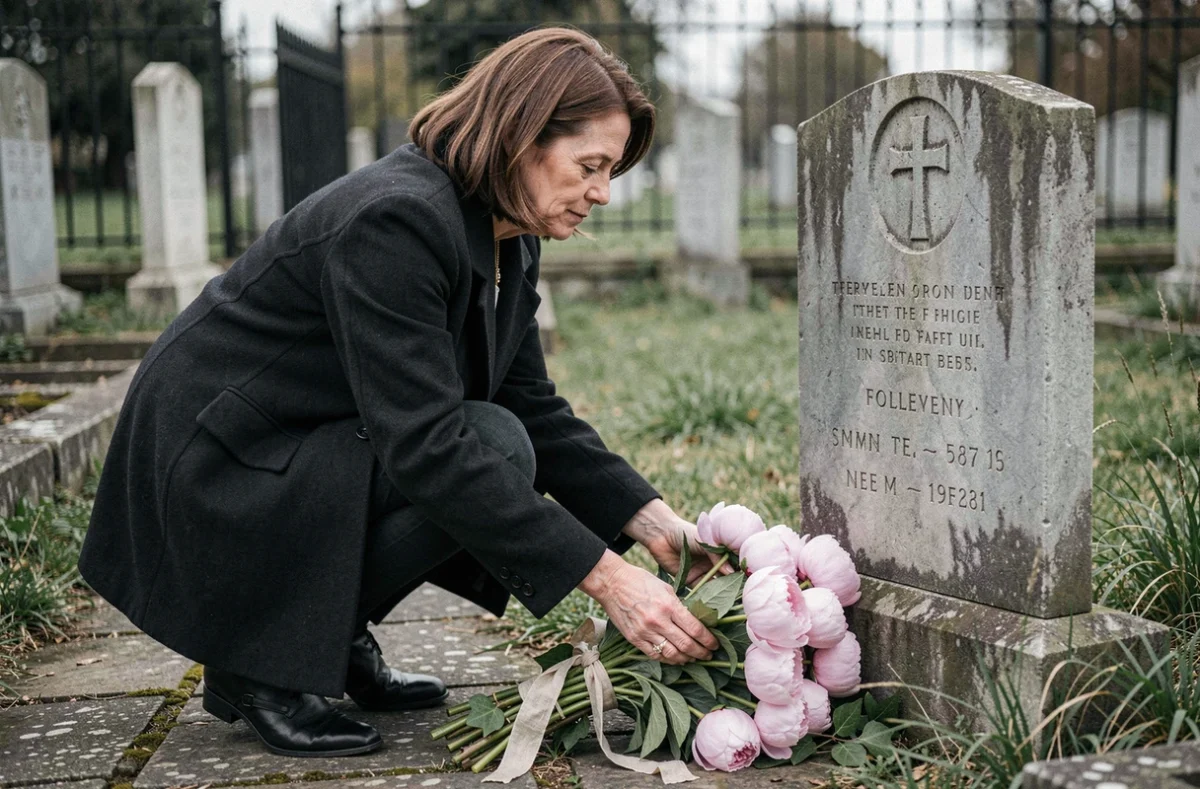 Femme déposant un bouquet de pivoines et de lierre sur une pierre tombale en calcaire dans un cimetière, geste de recueillement