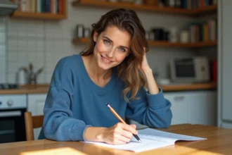 Jeune femme française écrit une lettre dans la cuisine lumineuse