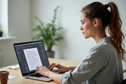 Femme utilisant un éditeur de texte avec du faux texte Lorem Ipsum sur un ordinateur portable dans un bureau minimaliste