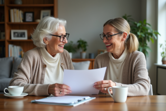 Femme âgée souriante remet un dossier signé à sa fille dans un salon