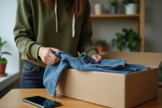 Jeune femme emballant un vêtement d'occasion dans un colis pour une vente Vinted avec son smartphone posé à côté