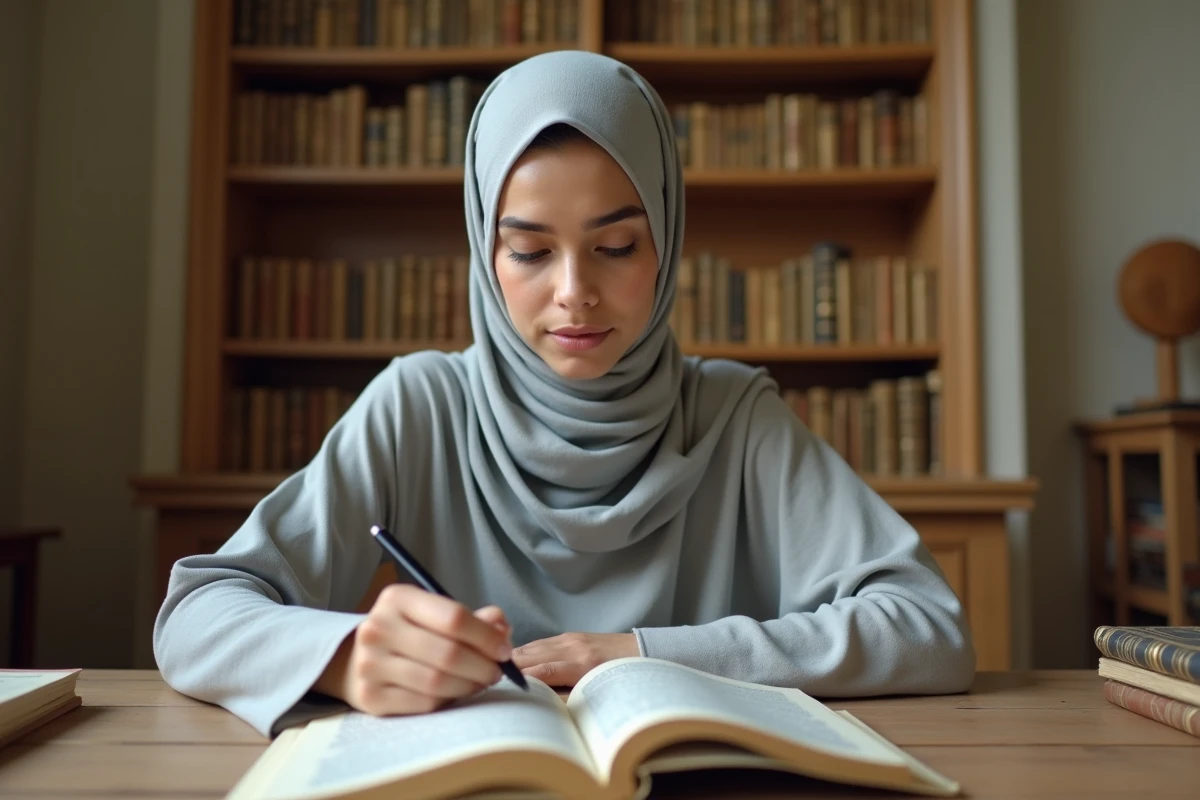 Femme musulmane consultant un livre de jurisprudence islamique sur la prière du witr en cas d'oubli