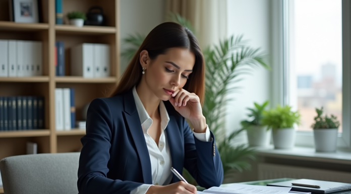 Femme d affaires en bureau moderne pour article finance