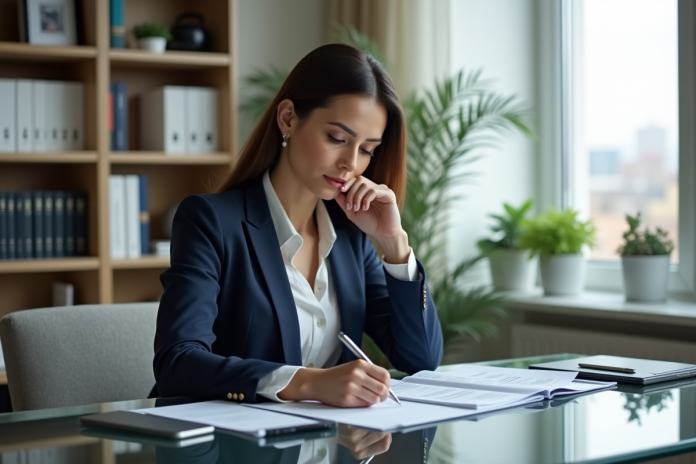 Femme d affaires en bureau moderne pour article finance
