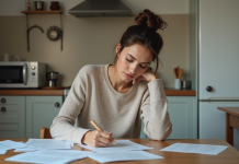 Femme concentrée remplissant des formulaires dans une cuisine
