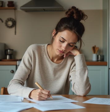 Femme concentrée remplissant des formulaires dans une cuisine