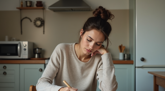 Femme concentrée remplissant des formulaires dans une cuisine
