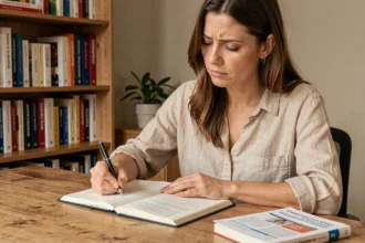 Femme concentrée prenant des notes de grammaire française dans un carnet ouvert sur un bureau en bois