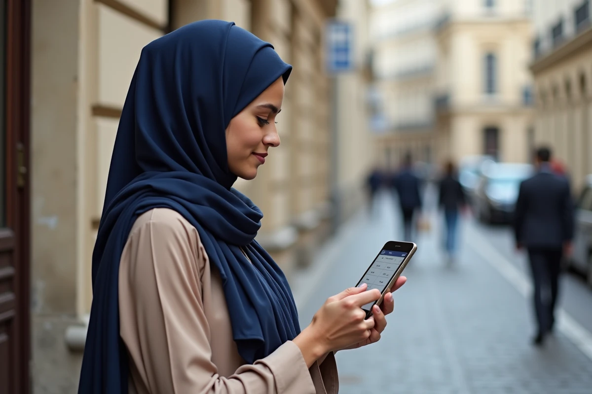 Jeune femme en hijab consultant les horaires de prière sur son smartphone dans une rue de Mantes-la-Jolie