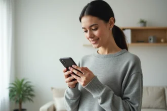 Femme tenant un iPhone 14 dans ses mains dans un salon moderne, illustration d'une offre promotionnelle sur l'iPhone 14 en 2026