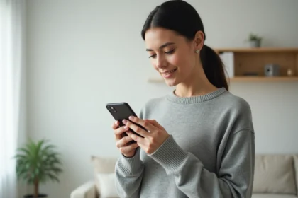 Femme tenant un iPhone 14 dans ses mains dans un salon moderne, illustration d'une offre promotionnelle sur l'iPhone 14 en 2026