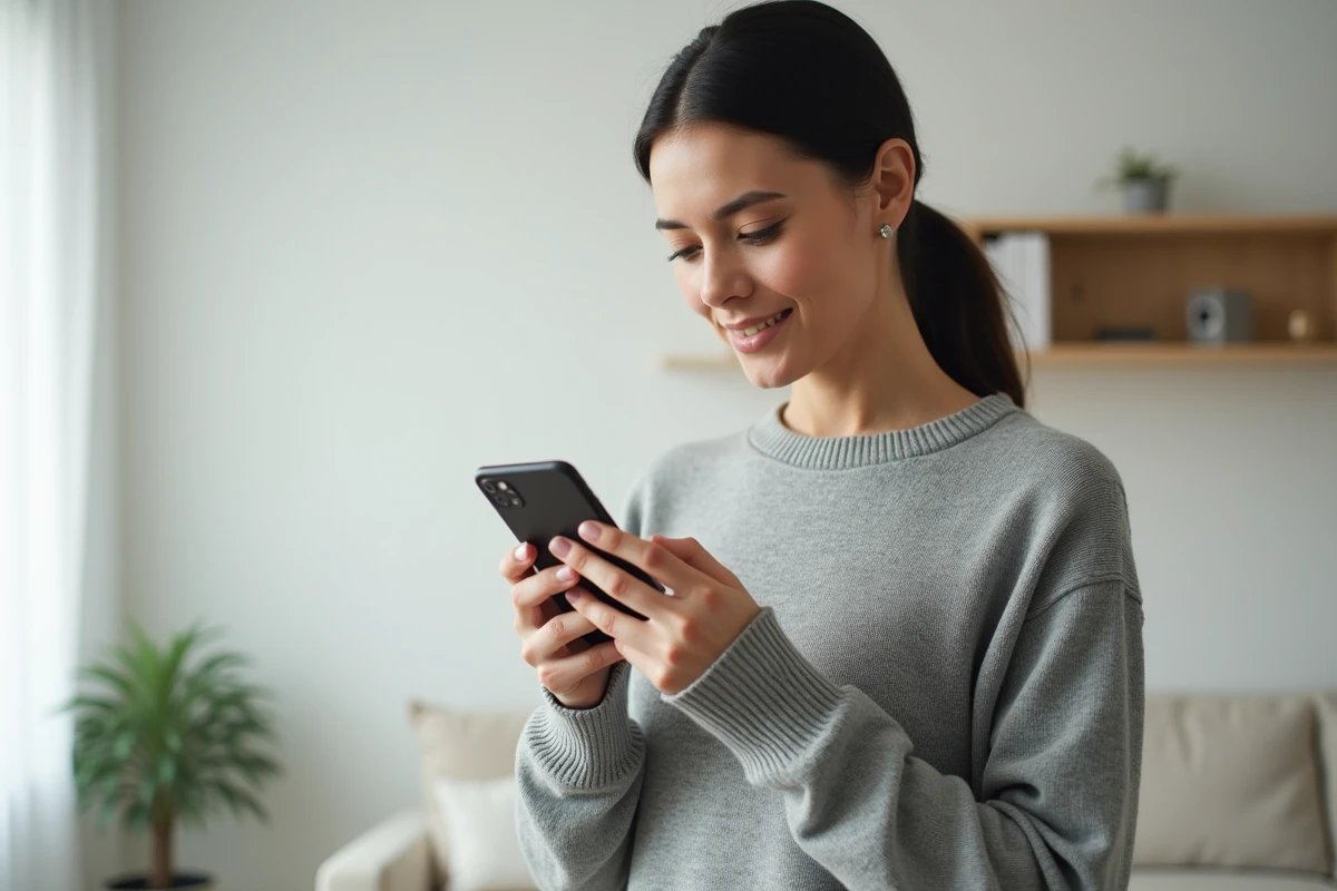 Femme tenant un iPhone 14 dans ses mains dans un salon moderne, illustration d'une offre promotionnelle sur l'iPhone 14 en 2026